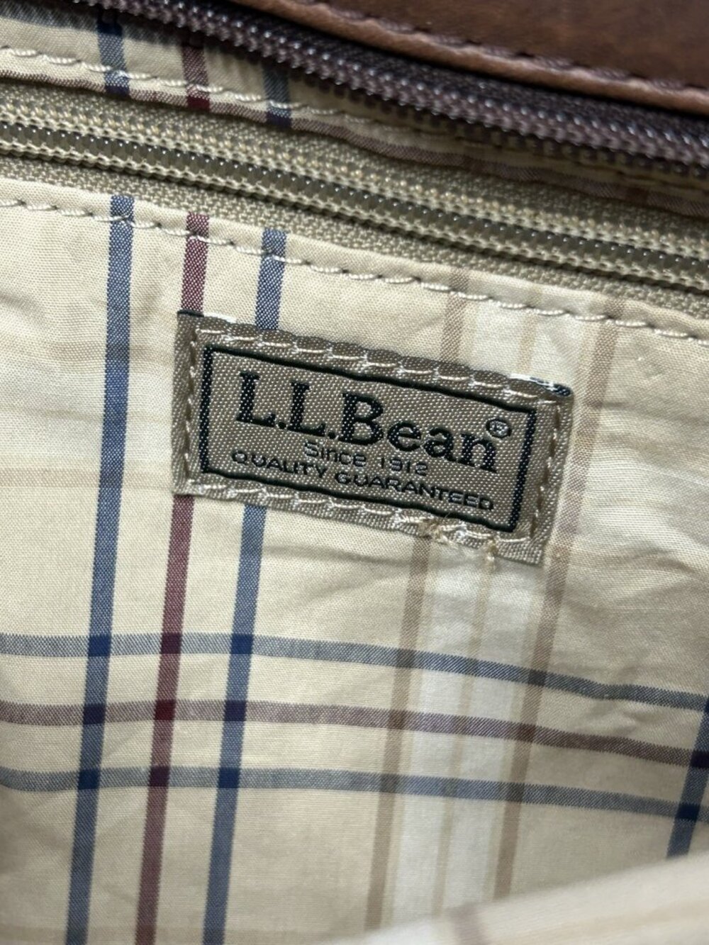 LL Bean Quilted Leather Tote Hand Bag Brown Purse Tan Zippered Pocket Y2K 283373 - Picture 8 of 13